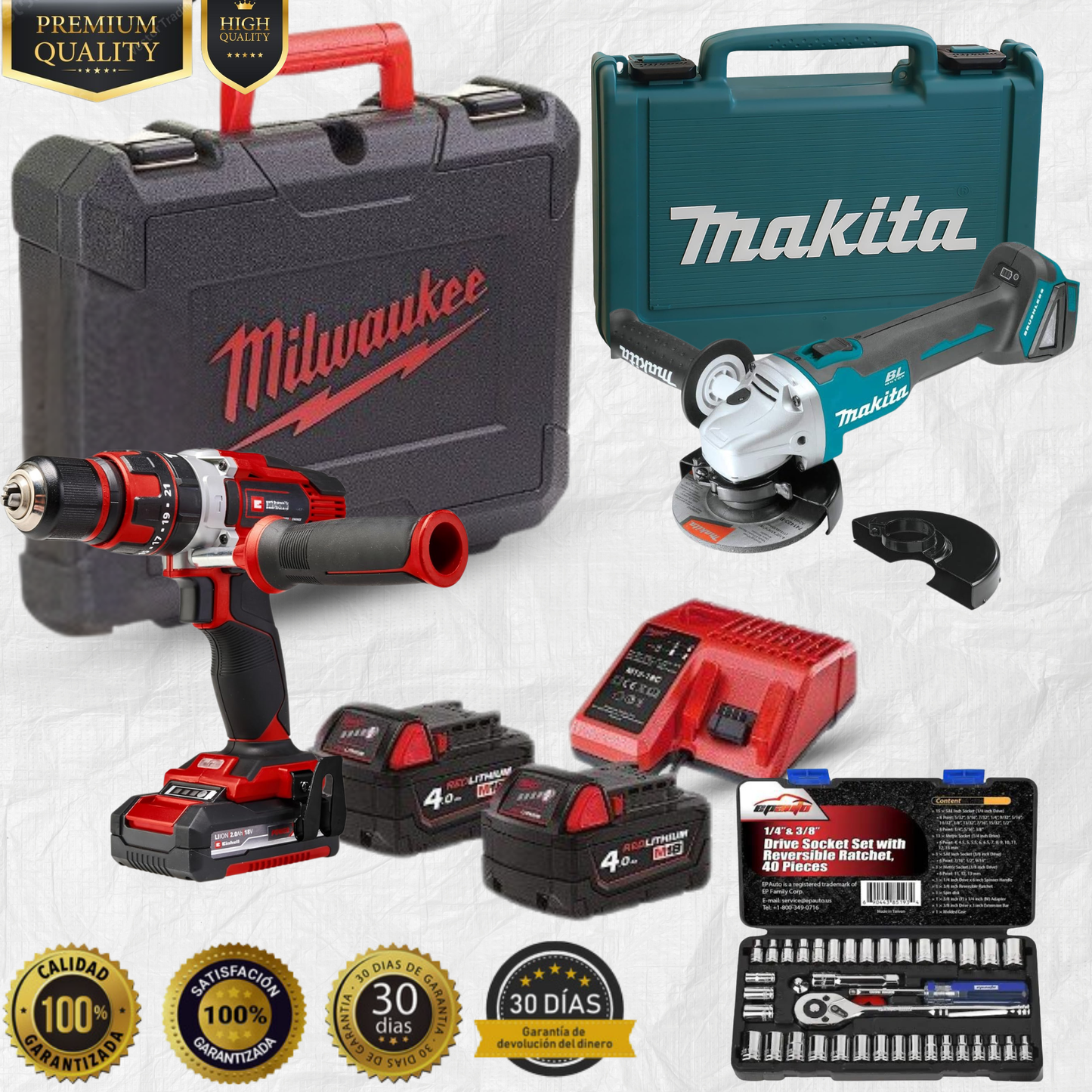 Taladro Milwaukee Inalambrico + Pulidora Makita + Maletín Ratchet Adicional