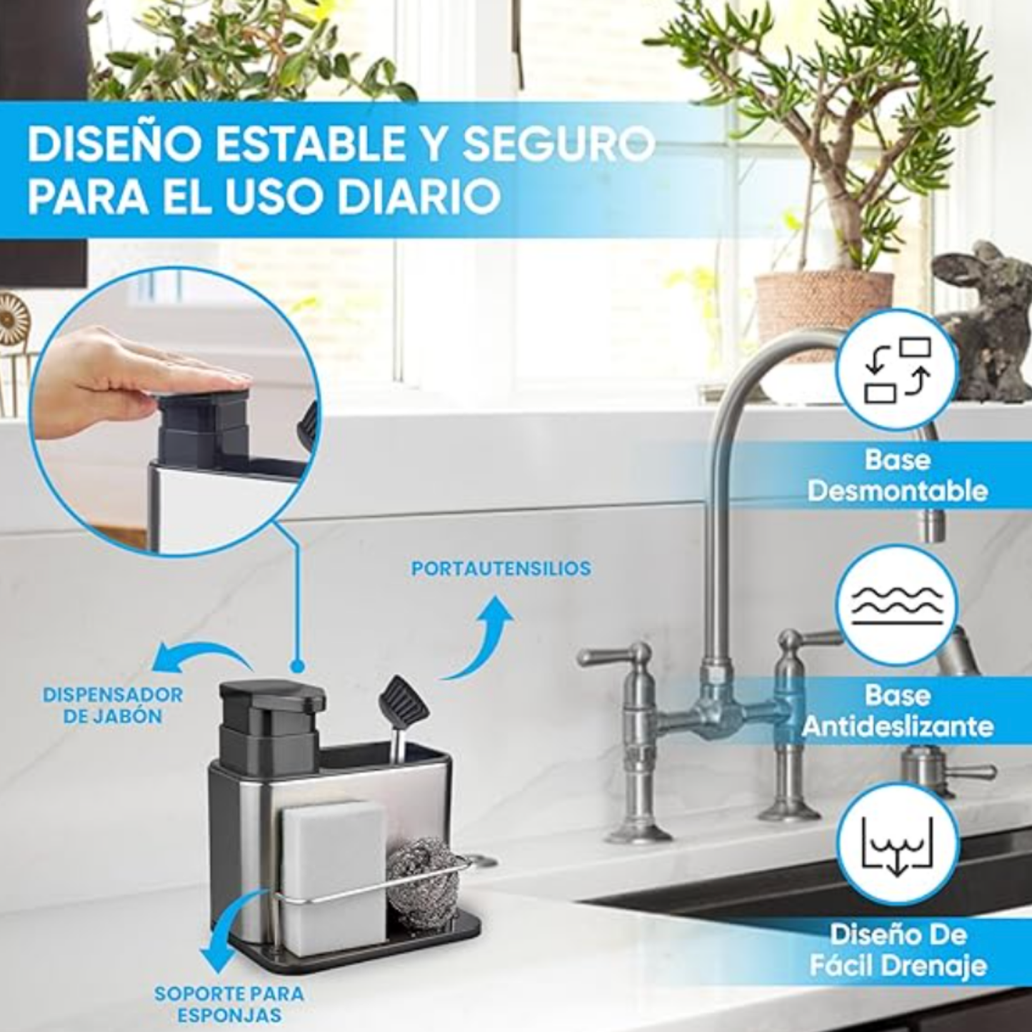 Dispensador Jabón Cocina de Acero Inoxidable y Porta Esponja