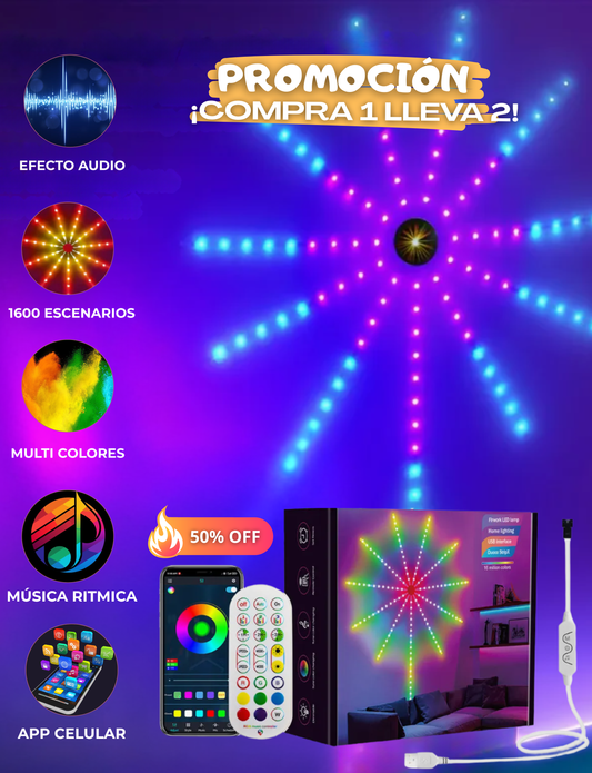 LUCES  LED FUEGOS ARTIFICIALES Y MUSICA