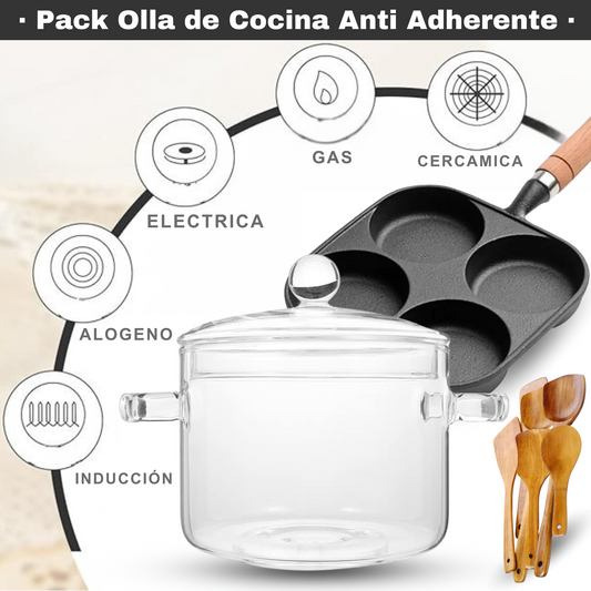 Pack Cocina Olla de Cristal | Sartén 4 Puestos | Cucharas de  Cocina
