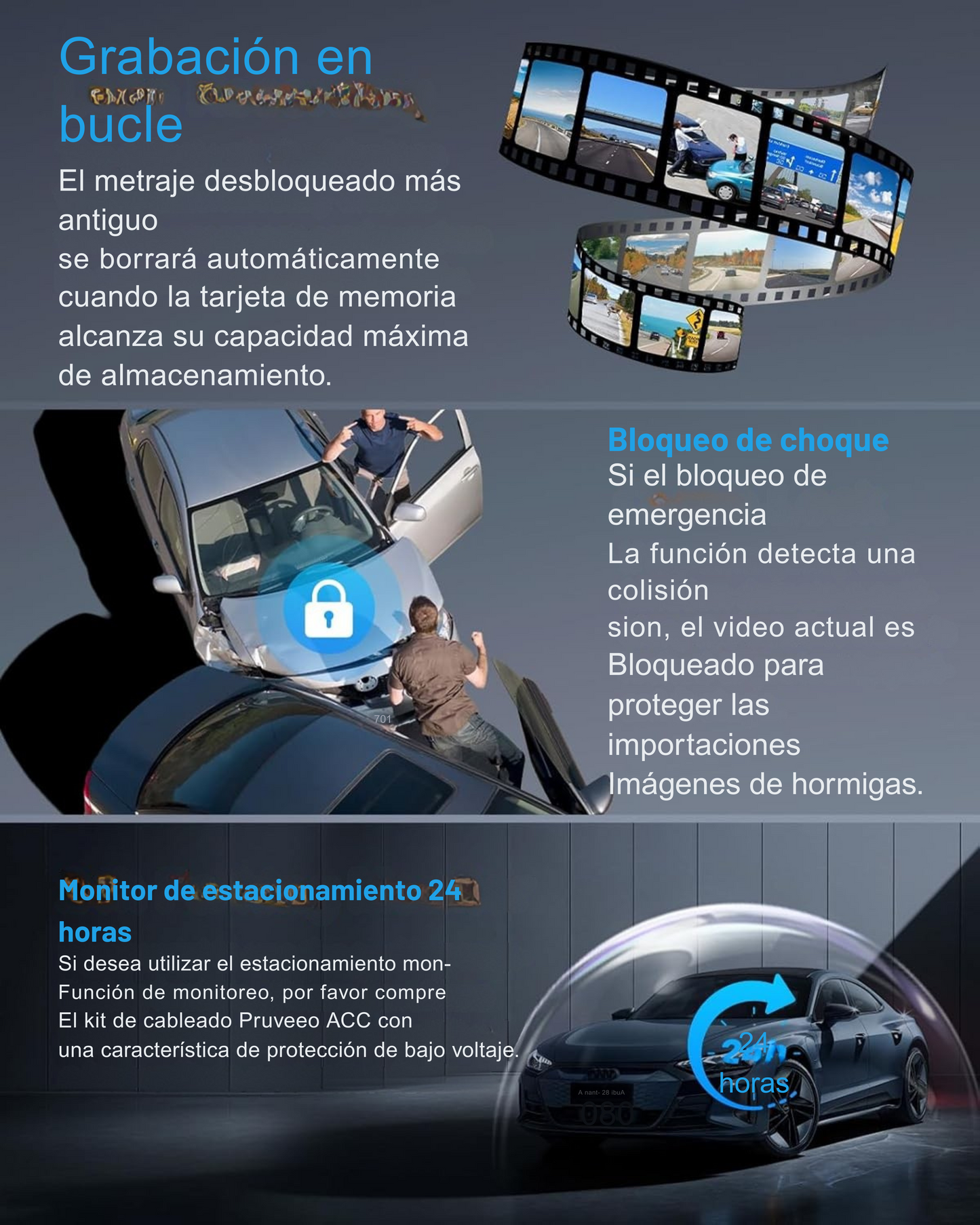 Cámara de salpicadero 4K de 3 canales para coche con visión nocturna
