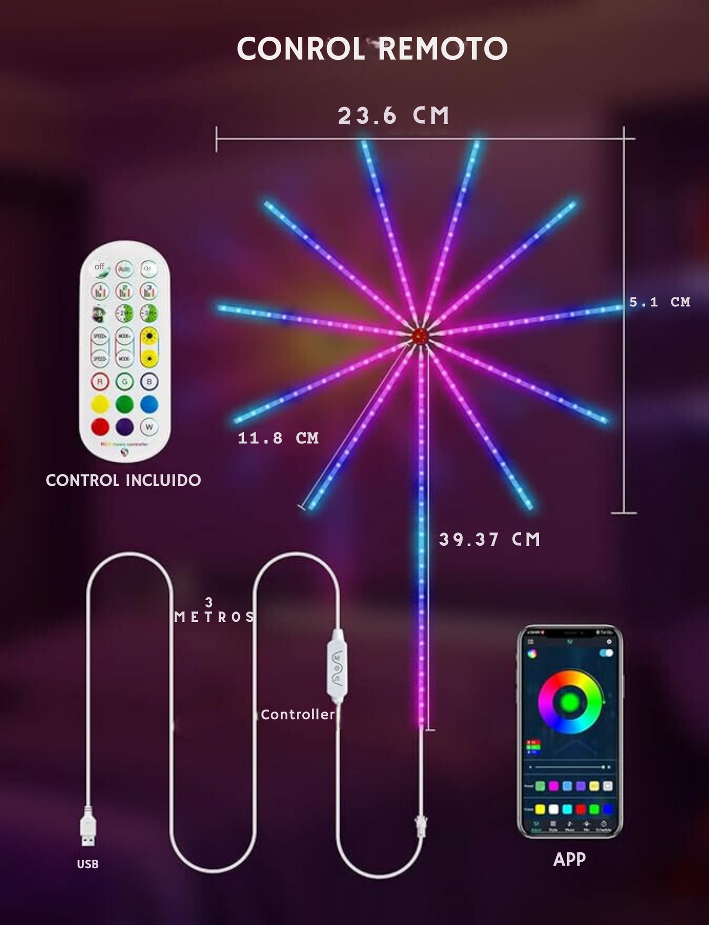 LUCES  LED FUEGOS ARTIFICIALES Y MUSICA